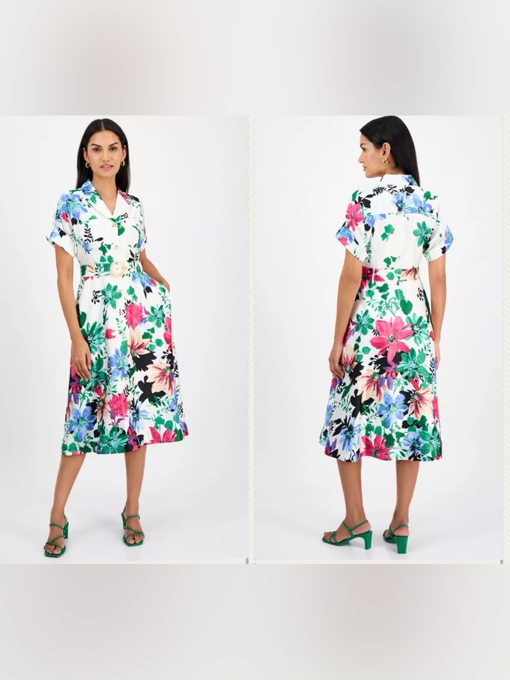 Tahari ASL White Floral Midi Skirt with Pink, Green & Blue Blooms
